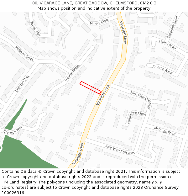80, VICARAGE LANE, GREAT BADDOW, CHELMSFORD, CM2 8JB: Location map and indicative extent of plot