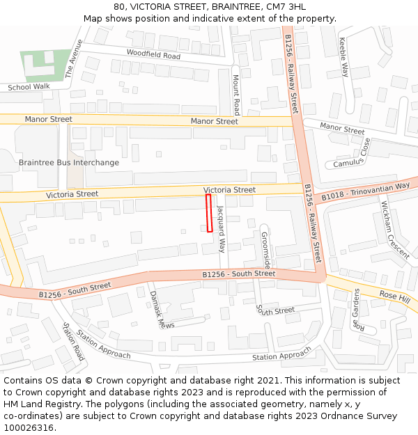 80, VICTORIA STREET, BRAINTREE, CM7 3HL: Location map and indicative extent of plot