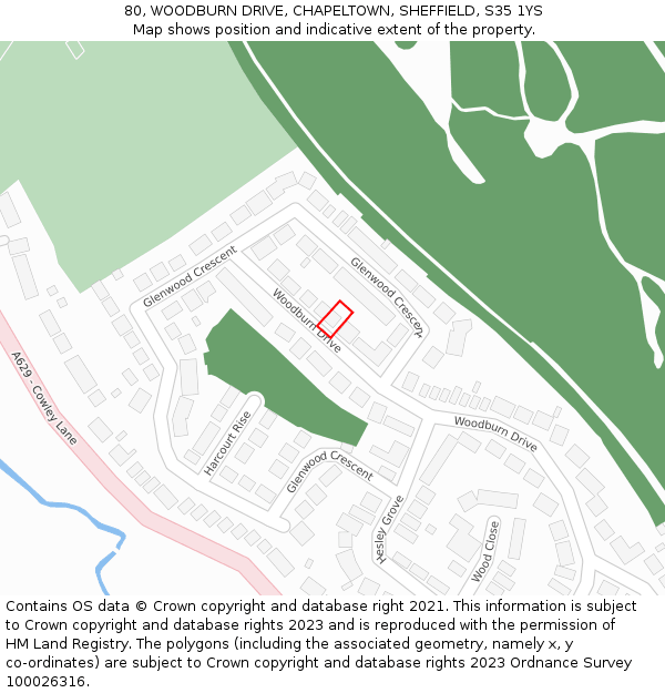 80, WOODBURN DRIVE, CHAPELTOWN, SHEFFIELD, S35 1YS: Location map and indicative extent of plot
