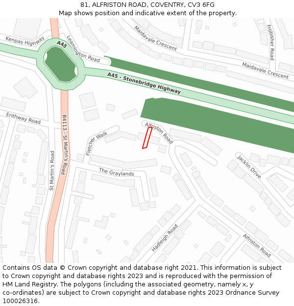 81, ALFRISTON ROAD, COVENTRY, CV3 6FG: Location map and indicative extent of plot