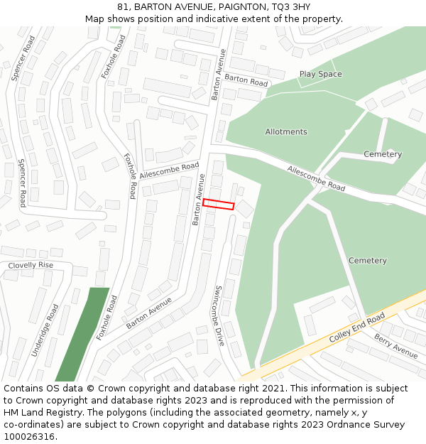 81, BARTON AVENUE, PAIGNTON, TQ3 3HY: Location map and indicative extent of plot