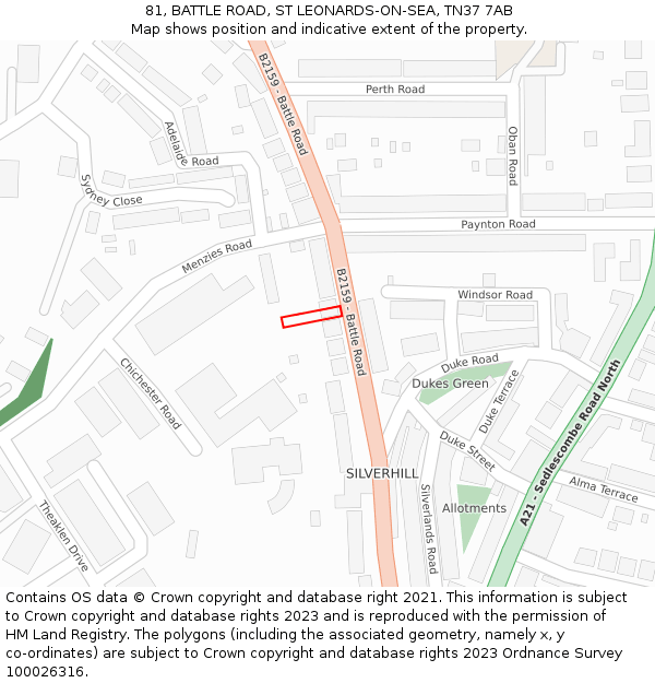 81, BATTLE ROAD, ST LEONARDS-ON-SEA, TN37 7AB: Location map and indicative extent of plot