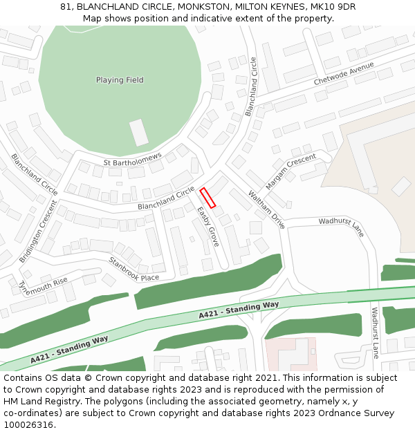 81, BLANCHLAND CIRCLE, MONKSTON, MILTON KEYNES, MK10 9DR: Location map and indicative extent of plot
