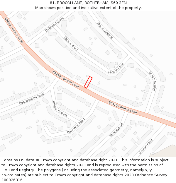 81, BROOM LANE, ROTHERHAM, S60 3EN: Location map and indicative extent of plot