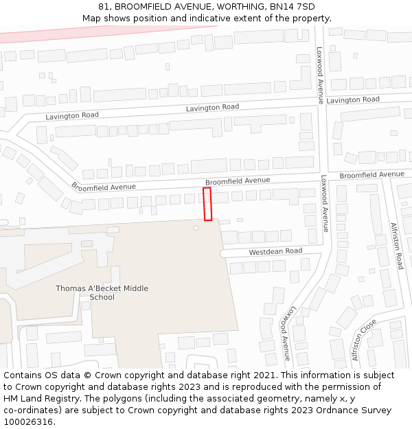 81, BROOMFIELD AVENUE, WORTHING, BN14 7SD: Location map and indicative extent of plot