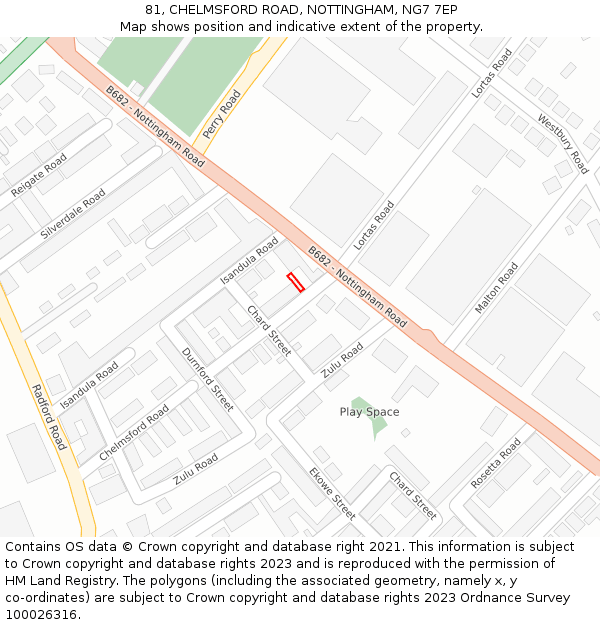 81, CHELMSFORD ROAD, NOTTINGHAM, NG7 7EP: Location map and indicative extent of plot