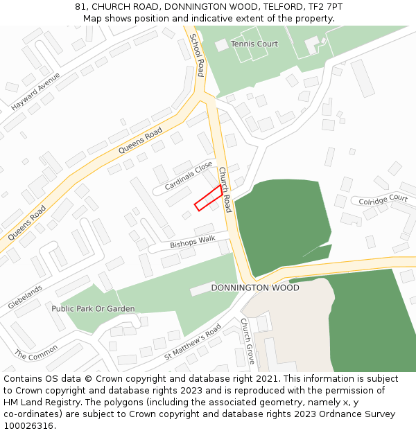 81, CHURCH ROAD, DONNINGTON WOOD, TELFORD, TF2 7PT: Location map and indicative extent of plot