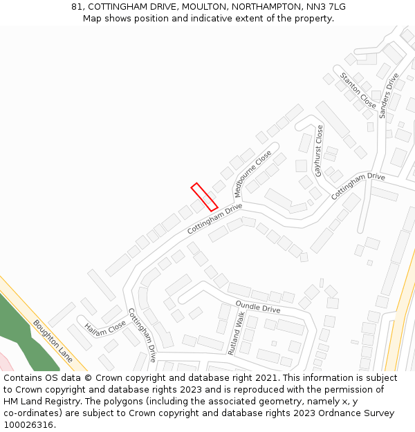 81, COTTINGHAM DRIVE, MOULTON, NORTHAMPTON, NN3 7LG: Location map and indicative extent of plot
