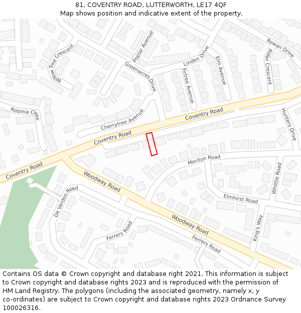 81, COVENTRY ROAD, LUTTERWORTH, LE17 4QF: Location map and indicative extent of plot
