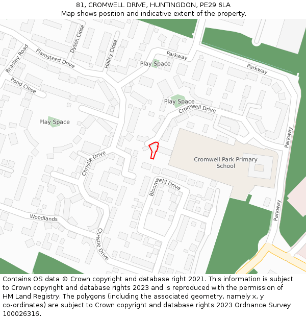 81, CROMWELL DRIVE, HUNTINGDON, PE29 6LA: Location map and indicative extent of plot