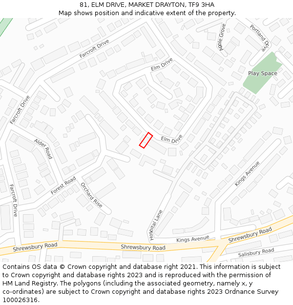 81, ELM DRIVE, MARKET DRAYTON, TF9 3HA: Location map and indicative extent of plot