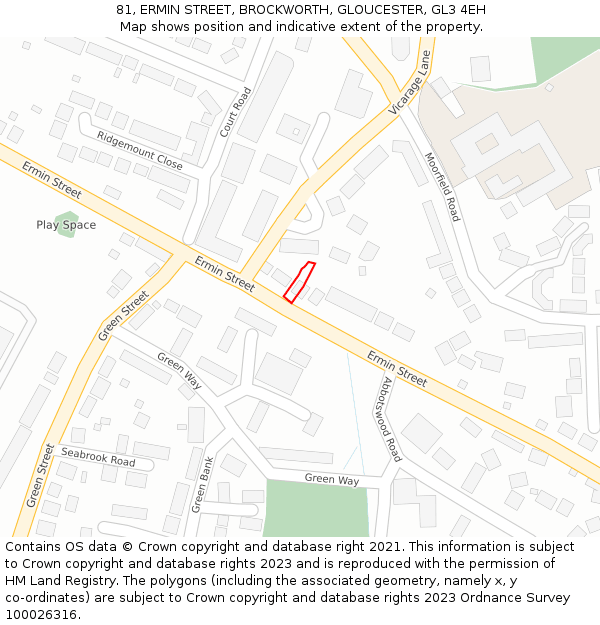 81, ERMIN STREET, BROCKWORTH, GLOUCESTER, GL3 4EH: Location map and indicative extent of plot