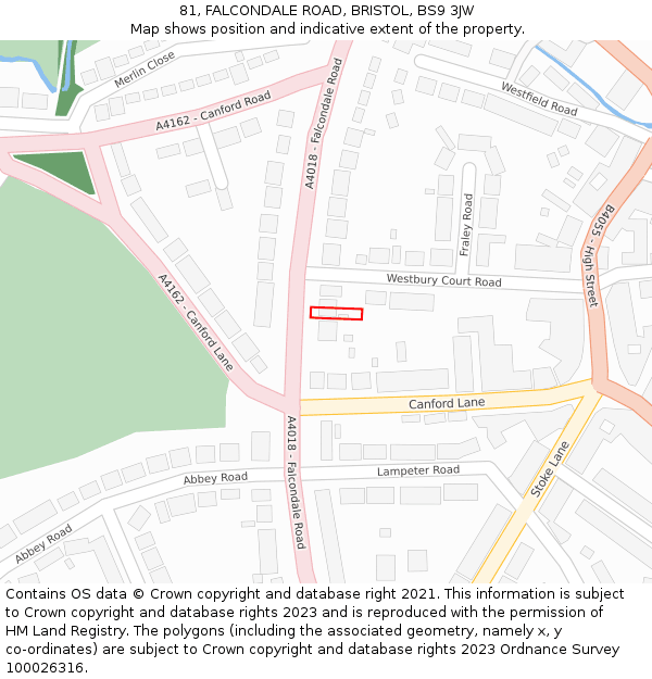 81, FALCONDALE ROAD, BRISTOL, BS9 3JW: Location map and indicative extent of plot