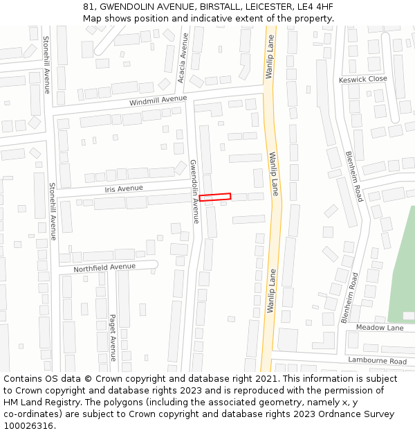 81, GWENDOLIN AVENUE, BIRSTALL, LEICESTER, LE4 4HF: Location map and indicative extent of plot