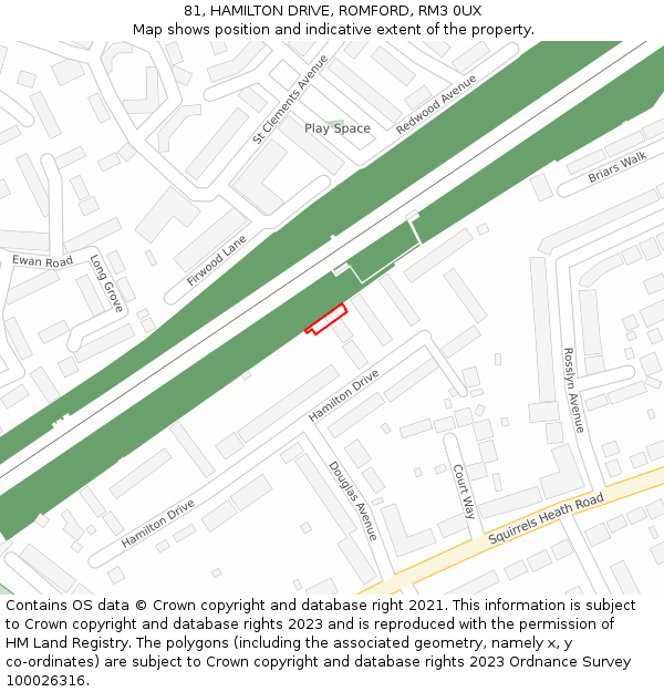 81, HAMILTON DRIVE, ROMFORD, RM3 0UX: Location map and indicative extent of plot