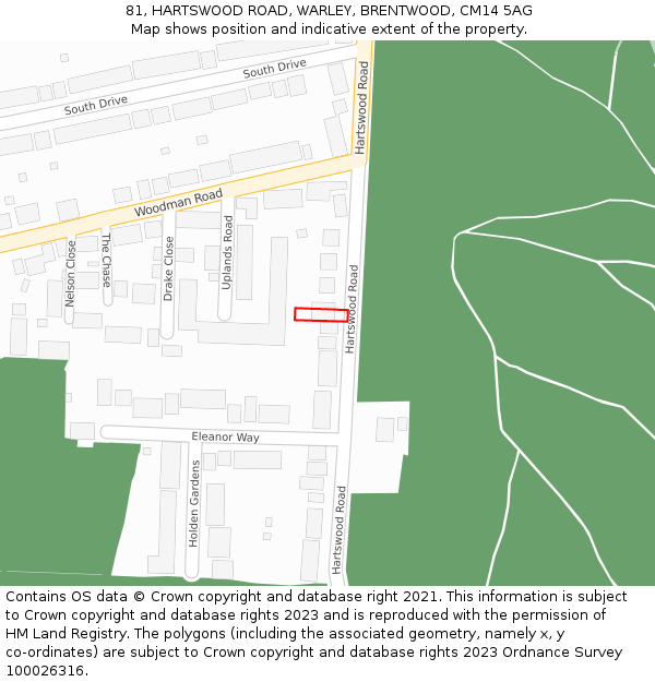 81, HARTSWOOD ROAD, WARLEY, BRENTWOOD, CM14 5AG: Location map and indicative extent of plot