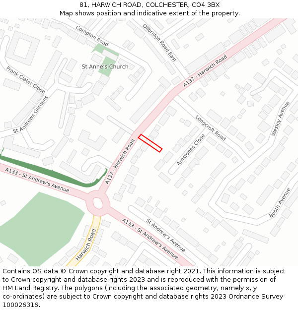81, HARWICH ROAD, COLCHESTER, CO4 3BX: Location map and indicative extent of plot