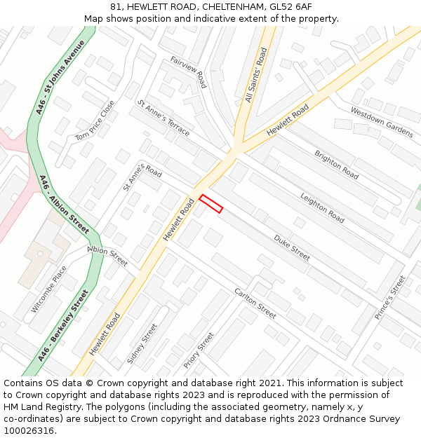 81, HEWLETT ROAD, CHELTENHAM, GL52 6AF: Location map and indicative extent of plot
