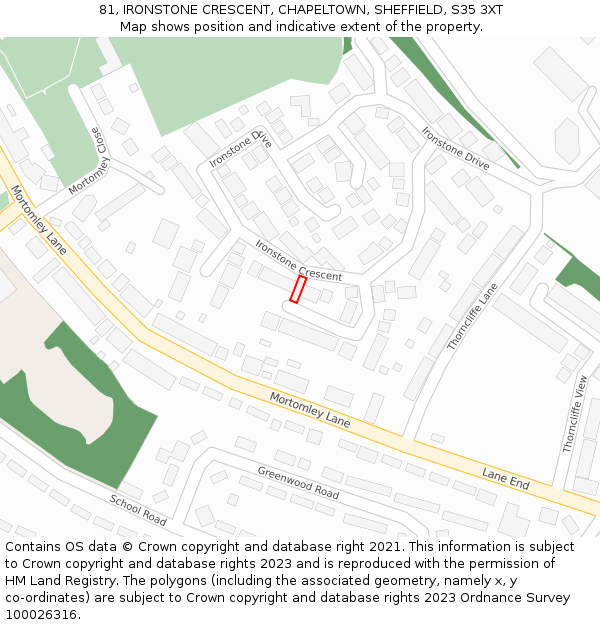 81, IRONSTONE CRESCENT, CHAPELTOWN, SHEFFIELD, S35 3XT: Location map and indicative extent of plot