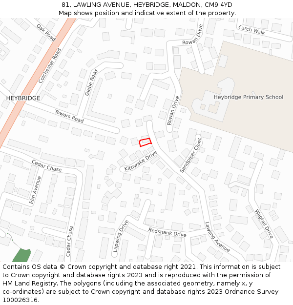 81, LAWLING AVENUE, HEYBRIDGE, MALDON, CM9 4YD: Location map and indicative extent of plot