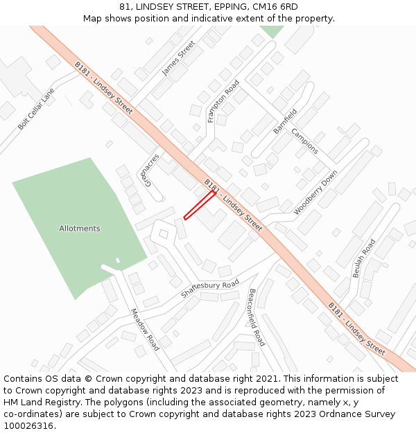 81, LINDSEY STREET, EPPING, CM16 6RD: Location map and indicative extent of plot