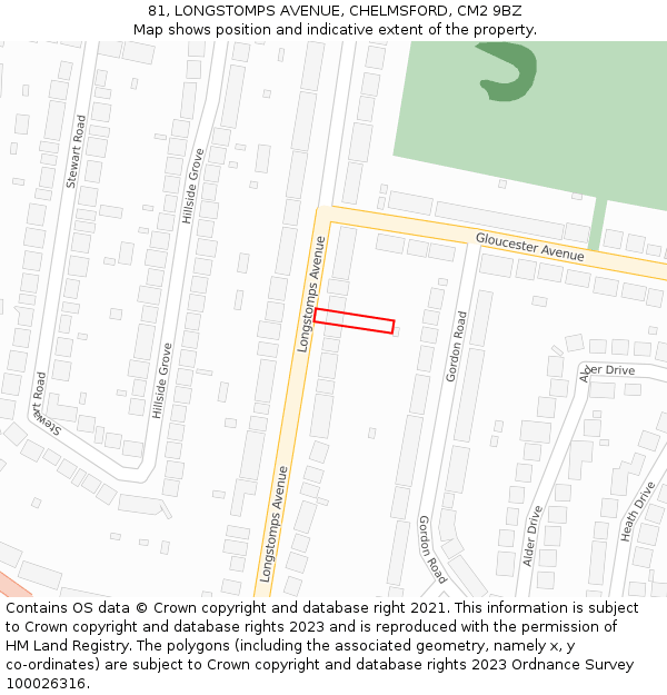 81, LONGSTOMPS AVENUE, CHELMSFORD, CM2 9BZ: Location map and indicative extent of plot