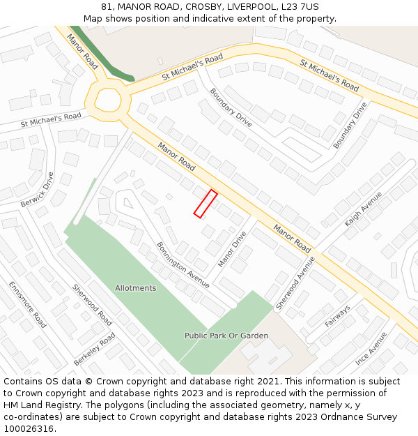 81, MANOR ROAD, CROSBY, LIVERPOOL, L23 7US: Location map and indicative extent of plot