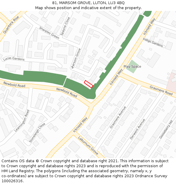 81, MARSOM GROVE, LUTON, LU3 4BQ: Location map and indicative extent of plot