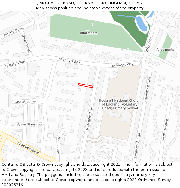 81, MONTAGUE ROAD, HUCKNALL, NOTTINGHAM, NG15 7DT: Location map and indicative extent of plot