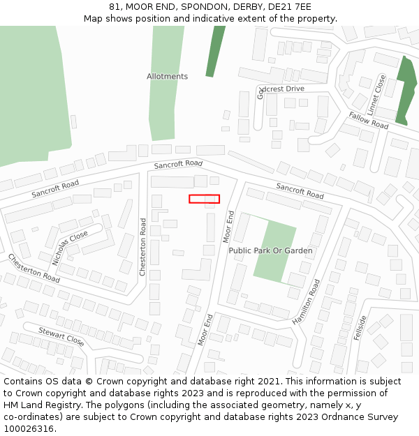 81, MOOR END, SPONDON, DERBY, DE21 7EE: Location map and indicative extent of plot