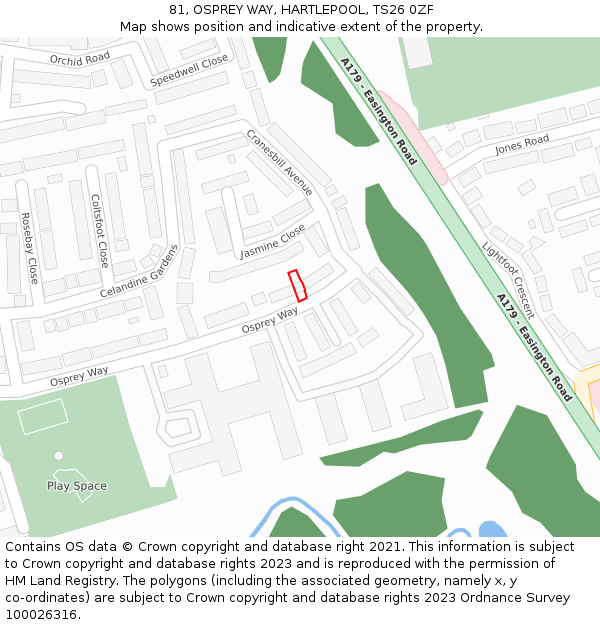81, OSPREY WAY, HARTLEPOOL, TS26 0ZF: Location map and indicative extent of plot