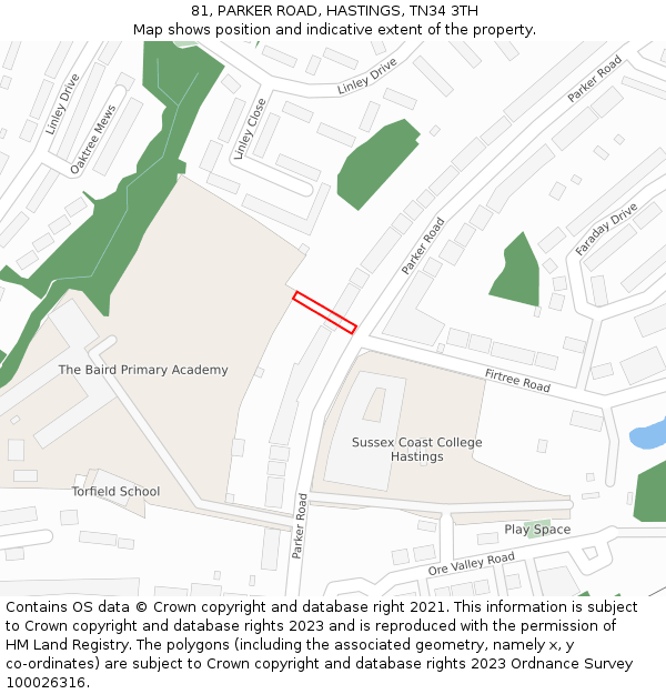 81, PARKER ROAD, HASTINGS, TN34 3TH: Location map and indicative extent of plot