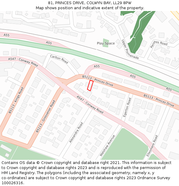 81, PRINCES DRIVE, COLWYN BAY, LL29 8PW: Location map and indicative extent of plot