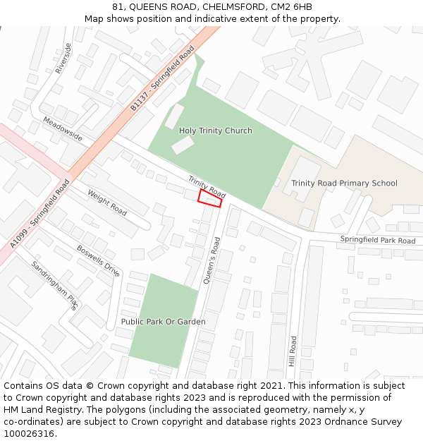 81, QUEENS ROAD, CHELMSFORD, CM2 6HB: Location map and indicative extent of plot