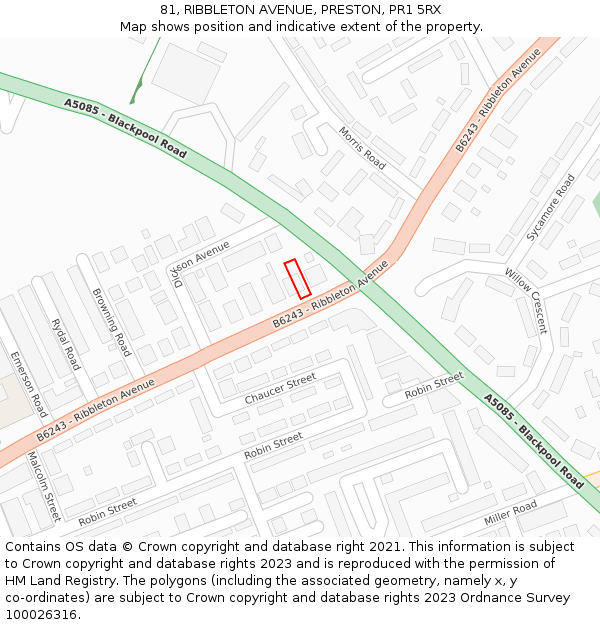 81, RIBBLETON AVENUE, PRESTON, PR1 5RX: Location map and indicative extent of plot