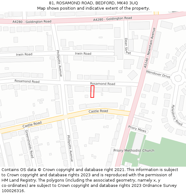 81, ROSAMOND ROAD, BEDFORD, MK40 3UQ: Location map and indicative extent of plot