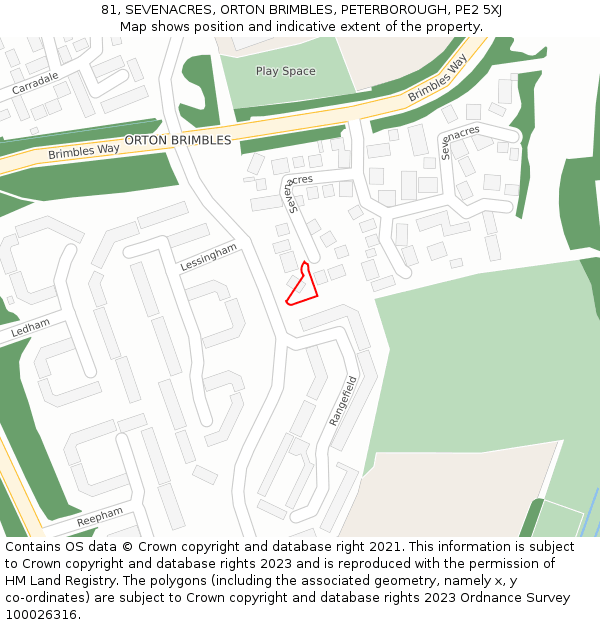 81, SEVENACRES, ORTON BRIMBLES, PETERBOROUGH, PE2 5XJ: Location map and indicative extent of plot