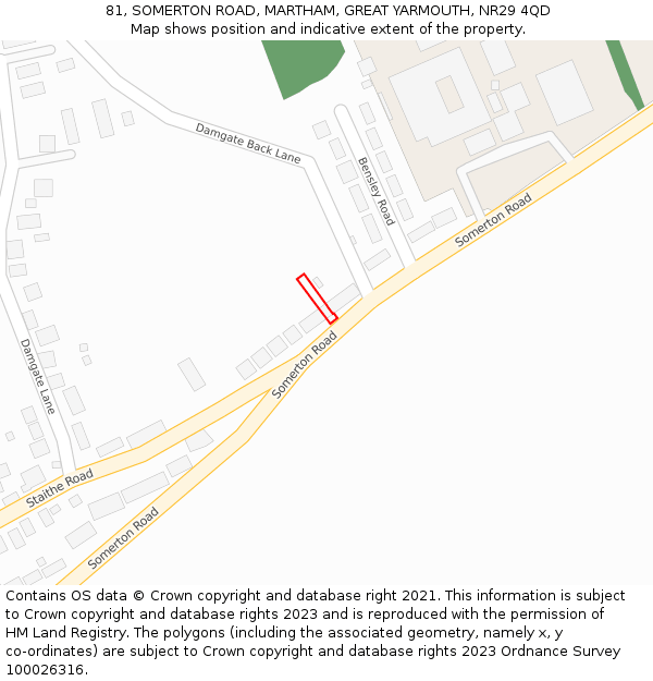 81, SOMERTON ROAD, MARTHAM, GREAT YARMOUTH, NR29 4QD: Location map and indicative extent of plot