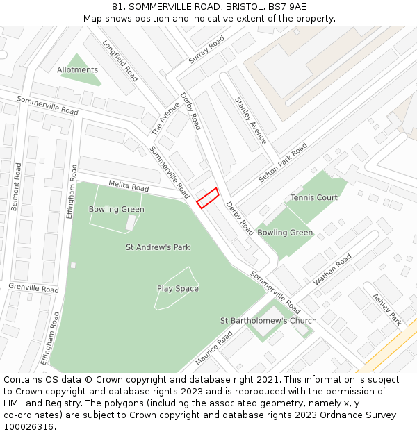 81, SOMMERVILLE ROAD, BRISTOL, BS7 9AE: Location map and indicative extent of plot
