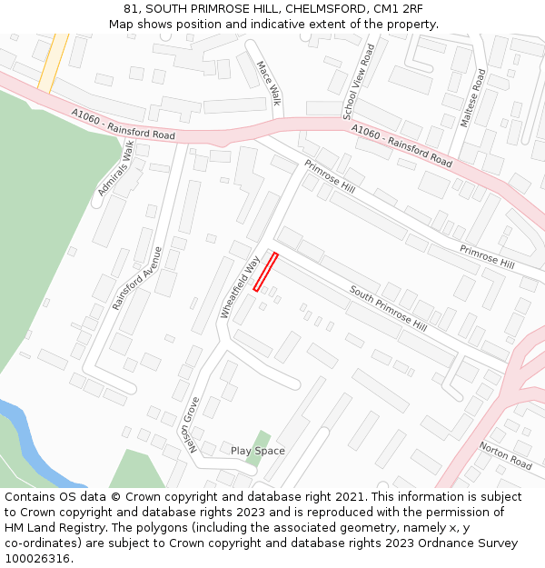 81, SOUTH PRIMROSE HILL, CHELMSFORD, CM1 2RF: Location map and indicative extent of plot