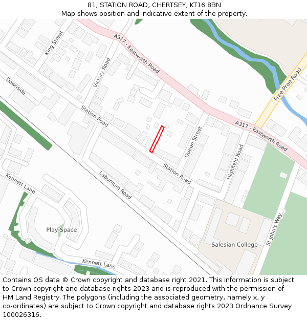81, STATION ROAD, CHERTSEY, KT16 8BN: Location map and indicative extent of plot
