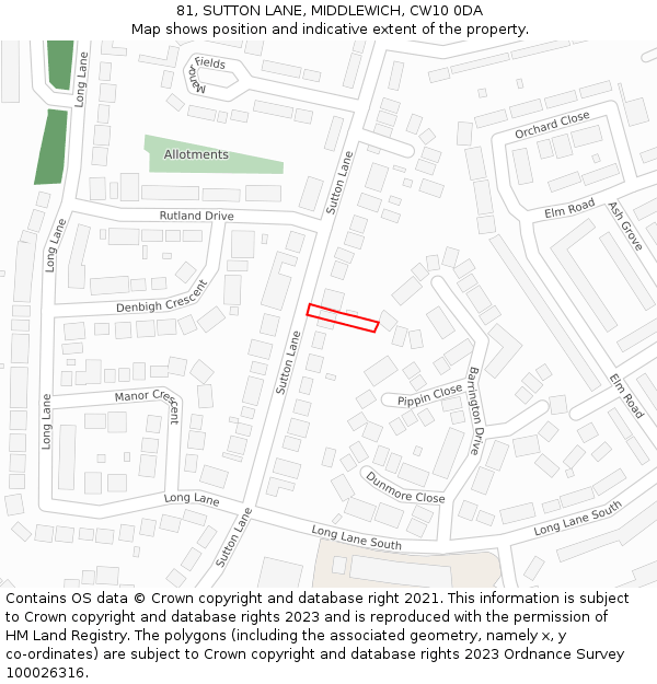 81, SUTTON LANE, MIDDLEWICH, CW10 0DA: Location map and indicative extent of plot
