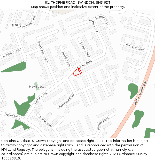 81, THORNE ROAD, SWINDON, SN3 6DT: Location map and indicative extent of plot