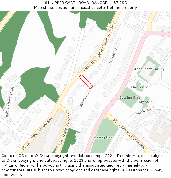 81, UPPER GARTH ROAD, BANGOR, LL57 2SS: Location map and indicative extent of plot