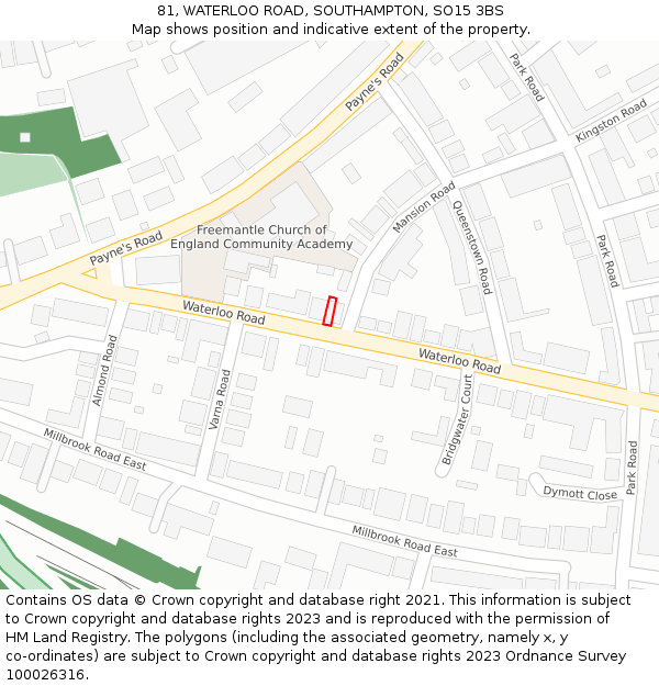 81, WATERLOO ROAD, SOUTHAMPTON, SO15 3BS: Location map and indicative extent of plot