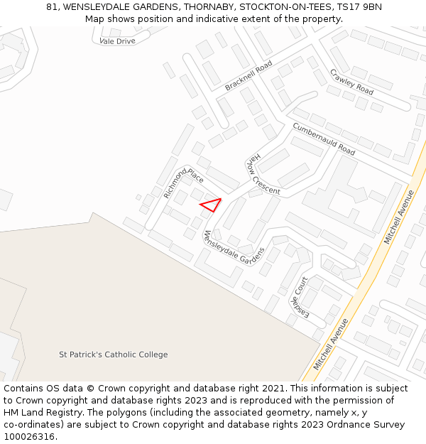 81, WENSLEYDALE GARDENS, THORNABY, STOCKTON-ON-TEES, TS17 9BN: Location map and indicative extent of plot