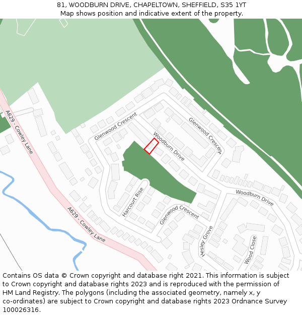 81, WOODBURN DRIVE, CHAPELTOWN, SHEFFIELD, S35 1YT: Location map and indicative extent of plot