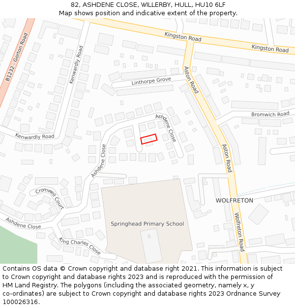 82, ASHDENE CLOSE, WILLERBY, HULL, HU10 6LF: Location map and indicative extent of plot