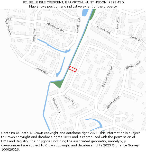82, BELLE ISLE CRESCENT, BRAMPTON, HUNTINGDON, PE28 4SQ: Location map and indicative extent of plot