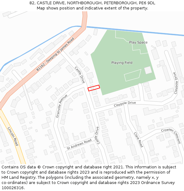 82, CASTLE DRIVE, NORTHBOROUGH, PETERBOROUGH, PE6 9DL: Location map and indicative extent of plot